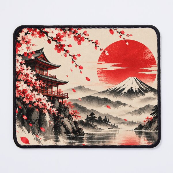 Item preview, Japanese Pagoda & Mount Fuji – Sakura Red Sun designed and sold by Vantu Design.