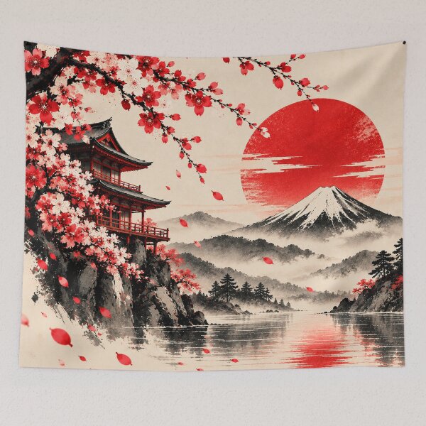 Item preview, Japanese Pagoda & Mount Fuji – Sakura Red Sun designed and sold by Vantu Design.