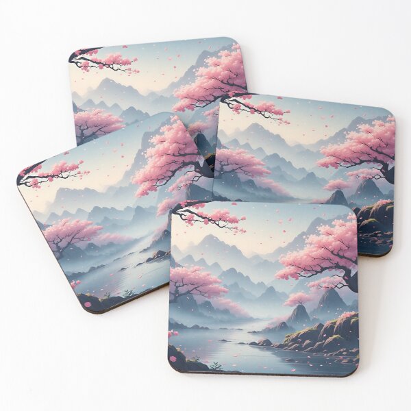 Item preview, Soft Cherry Blossom Mountain Landscape – Anime-esque Oriental Print designed and sold by 7th-Lunar-Phase.