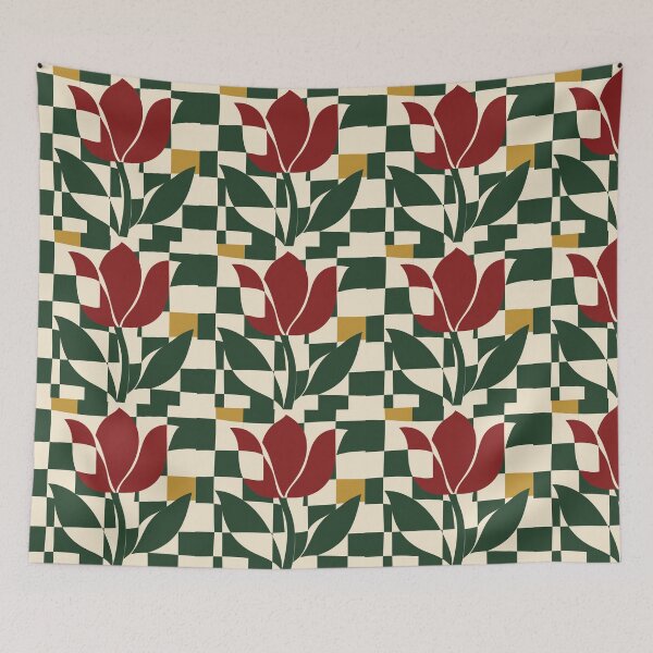 Item preview, Tulip Check – Retro Floral Checkerboard Throw Pillow designed and sold by astersgraphics.