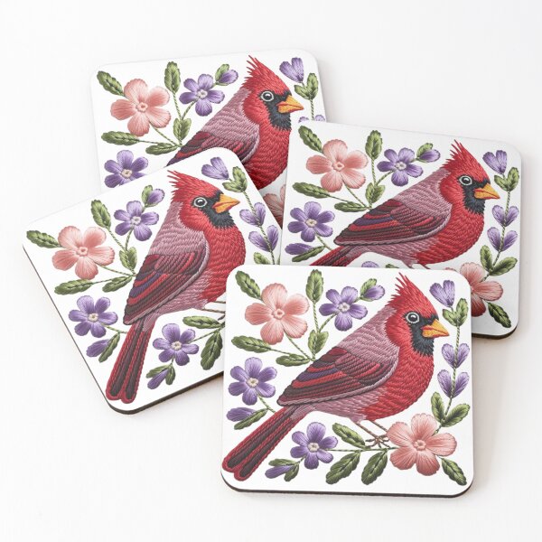 Item preview, Embroidered Red Cardinal with Botanical Flowers designed and sold by Mindful Wall Art Studio.