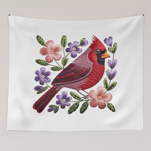 Item preview, Embroidered Red Cardinal with Botanical Flowers designed and sold by Mindful Wall Art Studio.