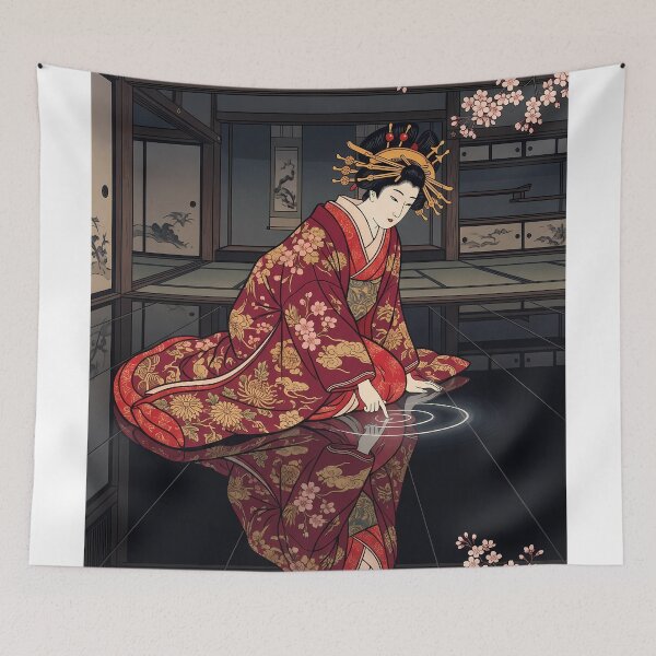 Item preview, Geisha Reflecting in Water with Cherry Blossoms designed and sold by TokyoUkiyoHouse.