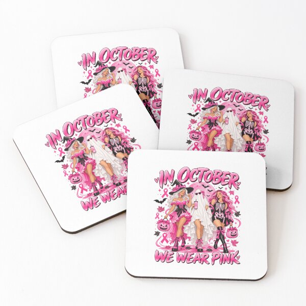 Item preview, In October We Wear Pink Witch Ghost Skeleton Halloween Breast Cancer Art designed and sold by CaChimShop.