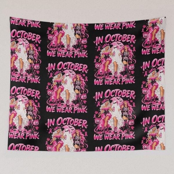 Item preview, In October We Wear Pink Witch Ghost Skeleton Halloween Breast Cancer Art designed and sold by CaChimShop.