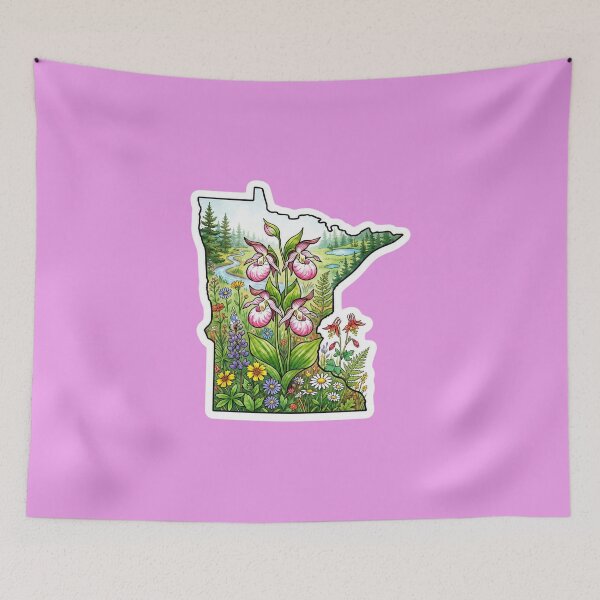 Item preview, Minnesota State Shape with Pink Lady Slippers and Wildflowers designed and sold by FrozenFits.