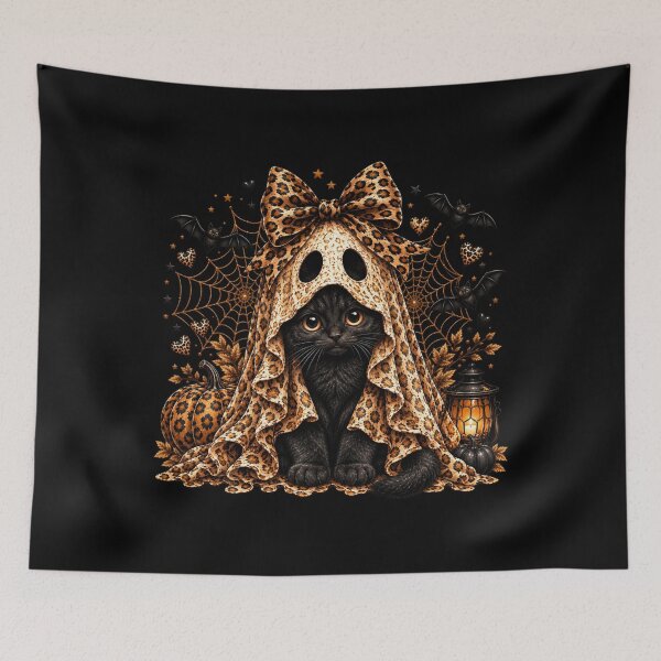 Item preview, Black Cat Ghost Leopard Coquette Bow Halloween Art designed and sold by AmiGraph.