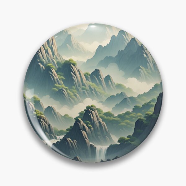 Item preview, Misty Mountain Waterfalls – Serene Oriental Landscape Print designed and sold by 7th-Lunar-Phase.