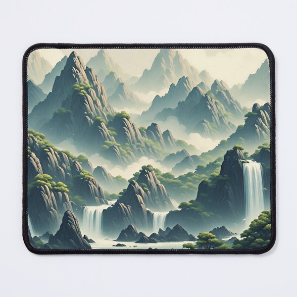 Item preview, Misty Mountain Waterfalls – Serene Oriental Landscape Print designed and sold by 7th-Lunar-Phase.