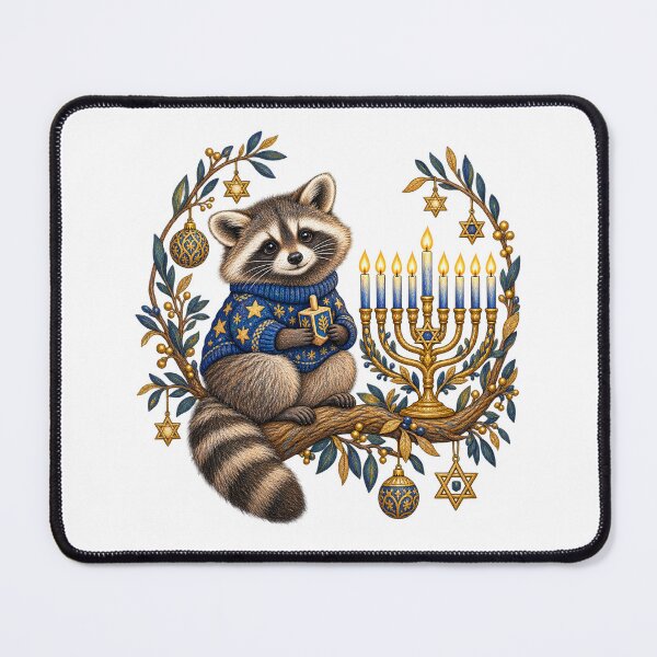 Item preview, Hanukkah Raccoon with Menorah and Golden Stars designed and sold by skyartdesign.