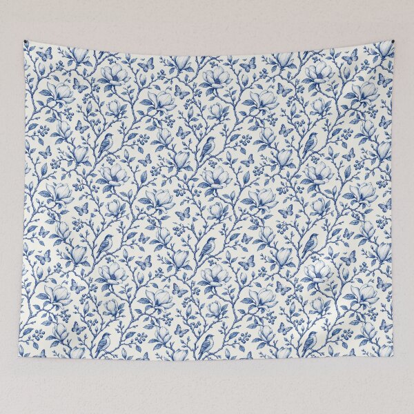 Item preview, Blue Toile Tree Branches With Birds and Butterflies  designed and sold by DrewRomeoCo.