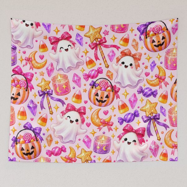 Item preview, Cute Pink Halloween Ghosts & Candy Seamless Pattern – Kawaii Spooky Coquette Halloween designed and sold by K3DreamKreations .