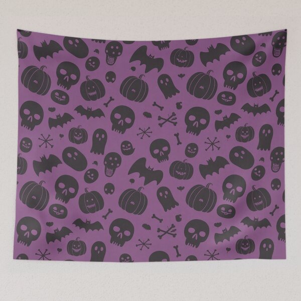 Item preview, Purple Halloween Skulls and Ghosts Pattern designed and sold by Mindful Wall Art Studio.