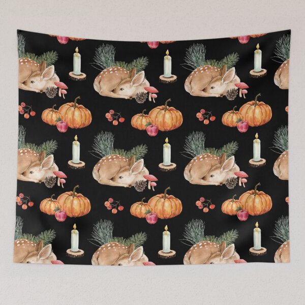 Item preview, Cozy Dark Cottagecore Sleeping Deer Pumpkin Candle Watercolor Pattern designed and sold by FestivityFinds.