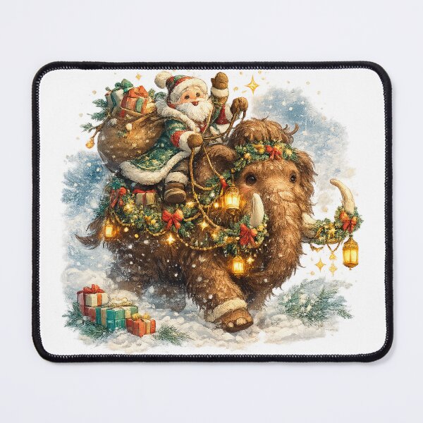 Item preview, Santa Riding Woolly Mammoth Christmas Adventure Vintage Holiday Winter Art designed and sold by inkoutninja.