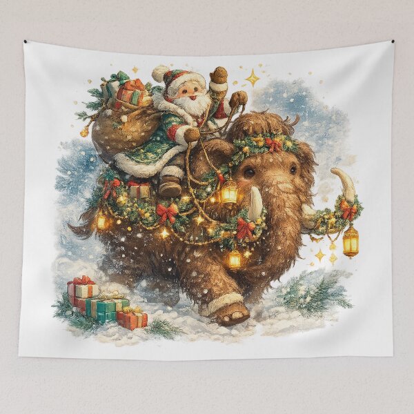 Item preview, Santa Riding Woolly Mammoth Christmas Adventure Vintage Holiday Winter Art designed and sold by inkoutninja.