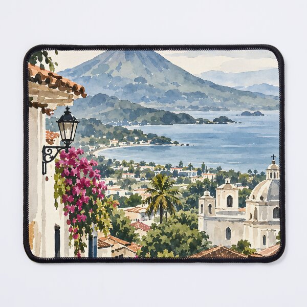 Item preview, Colonial Lakeside Village and Volcano Watercolor designed and sold by GutyzDesignsES.