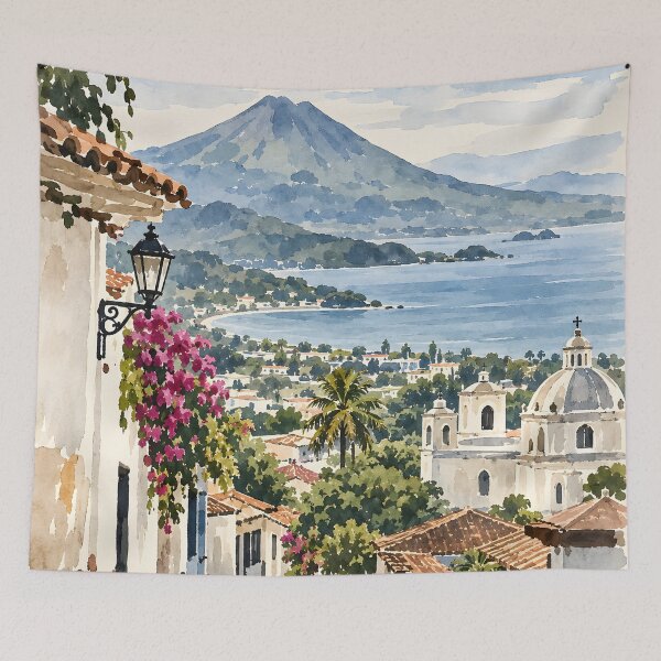 Item preview, Colonial Lakeside Village and Volcano Watercolor designed and sold by GutyzDesignsES.