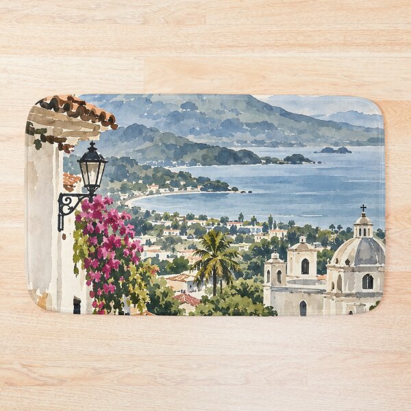 Item preview, Colonial Lakeside Village and Volcano Watercolor designed and sold by GutyzDesignsES.