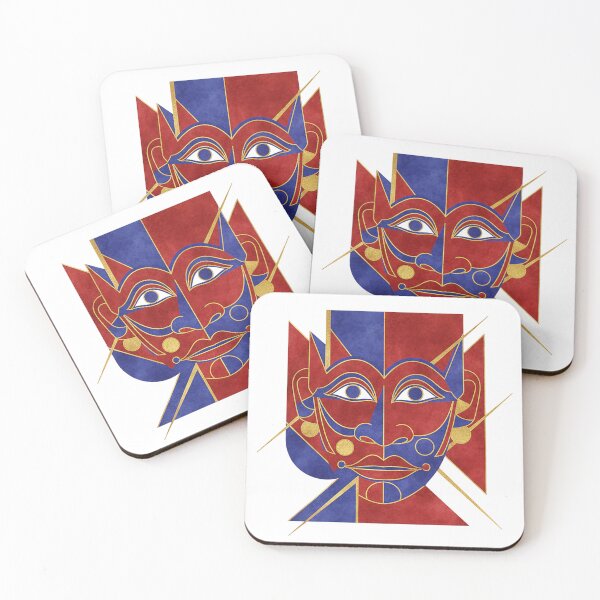 Item preview, Abstract Geometric Split-Face Mask – Modern Cubist Red Blue Gold Art designed and sold by cannsuh.