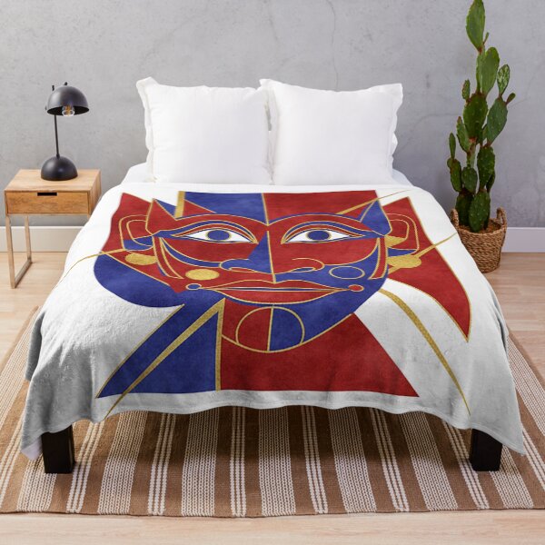 Item preview, Abstract Geometric Split-Face Mask – Modern Cubist Red Blue Gold Art designed and sold by cannsuh.
