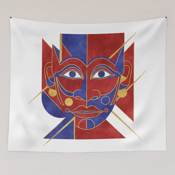 Item preview, Abstract Geometric Split-Face Mask – Modern Cubist Red Blue Gold Art designed and sold by cannsuh.