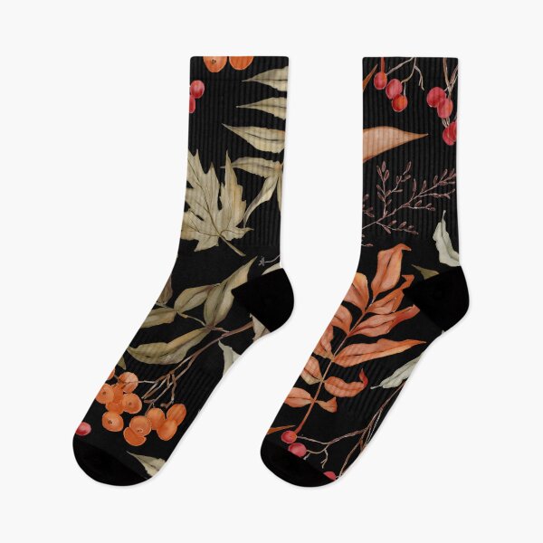 Item preview, Dark Botanical Watercolor Autumn Leaf Rowan Berry Black Pattern designed and sold by FestivityFinds.