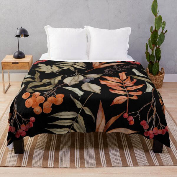 Item preview, Dark Botanical Watercolor Autumn Leaf Rowan Berry Black Pattern designed and sold by FestivityFinds.
