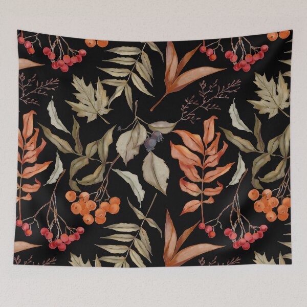 Item preview, Dark Botanical Watercolor Autumn Leaf Rowan Berry Black Pattern designed and sold by FestivityFinds.
