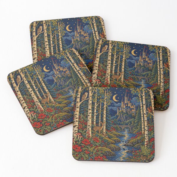 Item preview, Tapestry Art Design Whimsical Night Time Birch Forest Castle and Wildlife  designed and sold by DrewRomeoCo.