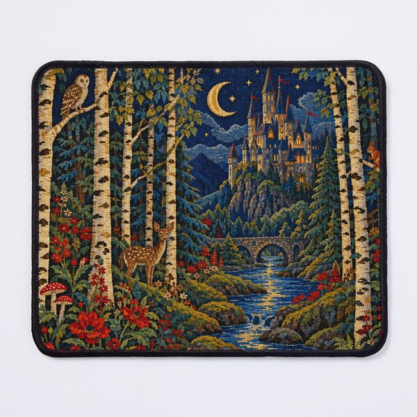 Item preview, Tapestry Art Design Whimsical Night Time Birch Forest Castle and Wildlife designed and sold by DrewRomeoCo.