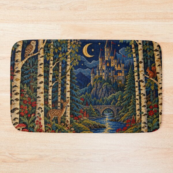Item preview, Tapestry Art Design Whimsical Night Time Birch Forest Castle and Wildlife  designed and sold by DrewRomeoCo.