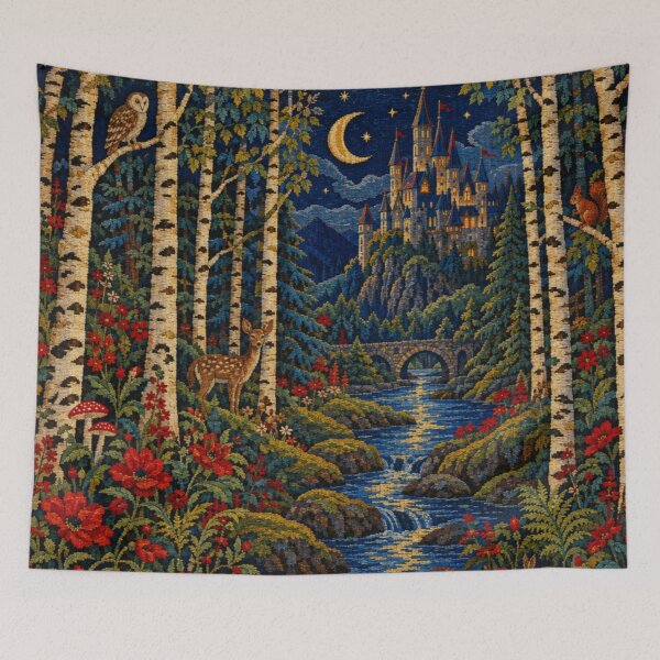 Item preview, Tapestry Art Design Whimsical Night Time Birch Forest Castle and Wildlife  designed and sold by DrewRomeoCo.