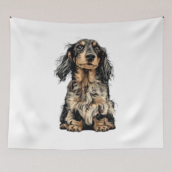 Item preview, Fluffy Dapple Long Haired Dachshund Dog Illustration designed and sold by whyitsme.