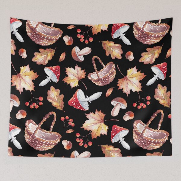 Item preview, Dark Cottagecore Mushroom Foraging Basket Autumn Watercolor Pattern designed and sold by FestivityFinds.