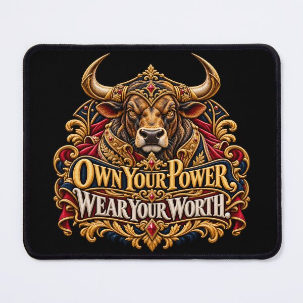 Item preview, Bull Motivation Quote – Own Your Power, Wear Your Worth Embroidered Crest designed and sold by Emoji Emblems.