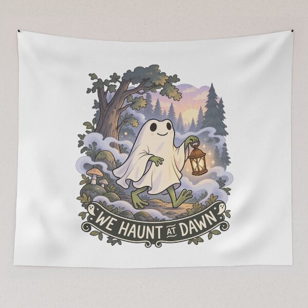Item preview, We Haunt At Dawn Cute Ghost Frog Lantern Cottagecore Forest Art designed and sold by LiverEver.