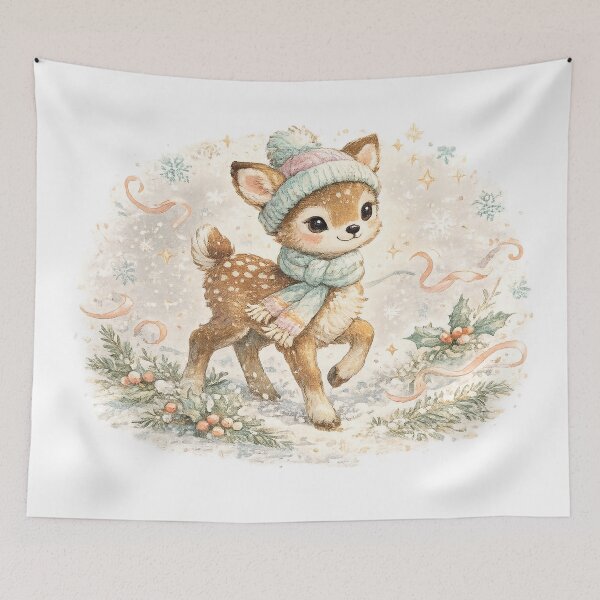 Item preview, Cute Winter Fawn Christmas Deer Watercolor Snowy Woodland Holiday Art designed and sold by inkoutninja.