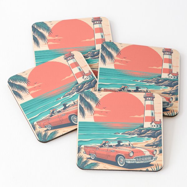 Item preview, Vintage Red Classic Car by the Sea with Lighthouse – Retro Coastal Drive Design designed and sold by Sea Gem.