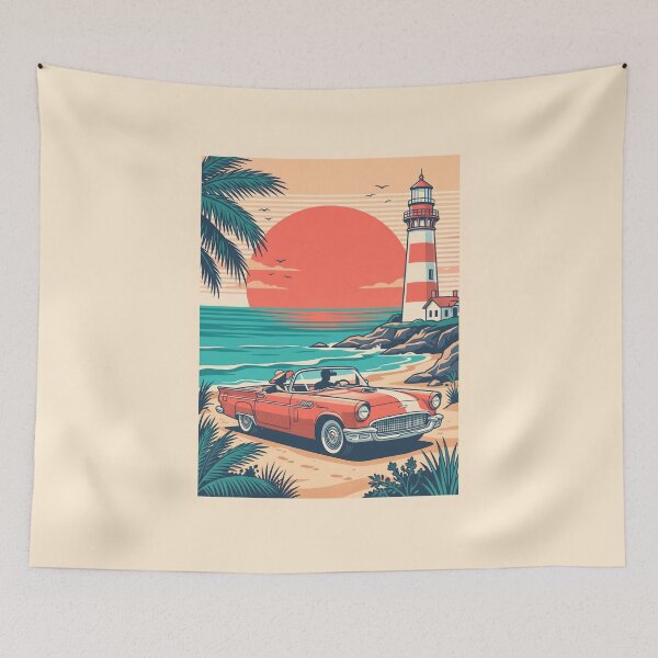 Item preview, Vintage Red Classic Car by the Sea with Lighthouse – Retro Coastal Drive Design designed and sold by Sea Gem.