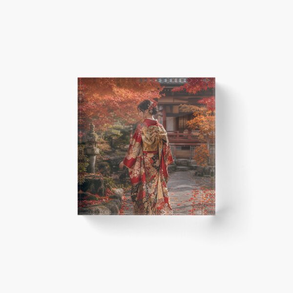 Item preview, Japanese Woman in Traditional Kimono Autumn Red Leaves Garden Art designed and sold by vekotpu.