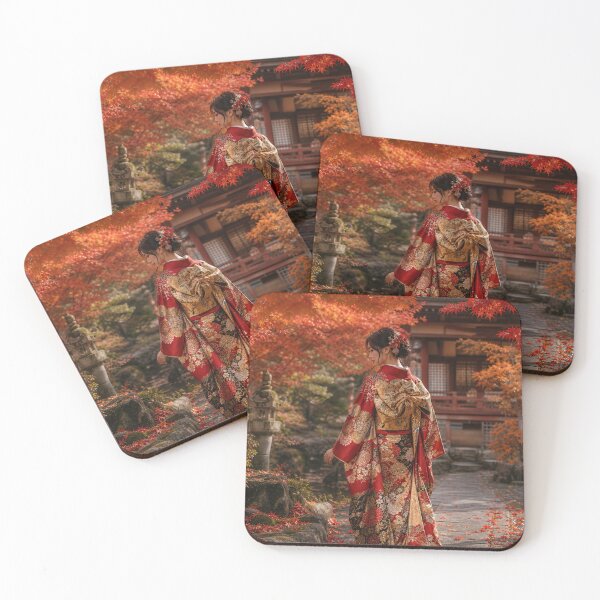 Item preview, Japanese Woman in Traditional Kimono Autumn Red Leaves Garden Art designed and sold by vekotpu.