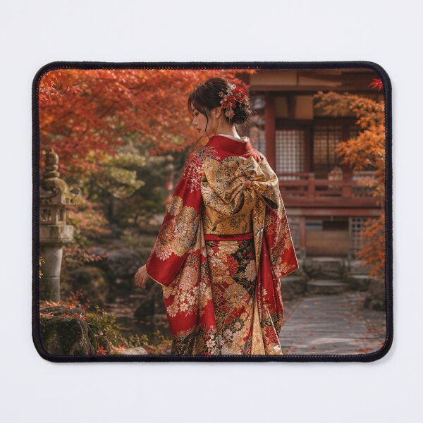 Item preview, Japanese Woman in Traditional Kimono Autumn Red Leaves Garden Art designed and sold by vekotpu.