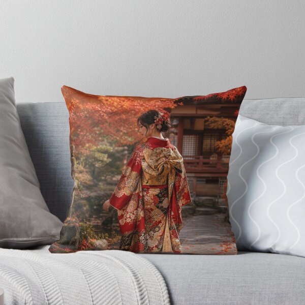 Item preview, Japanese Woman in Traditional Kimono Autumn Red Leaves Garden Art designed and sold by vekotpu.