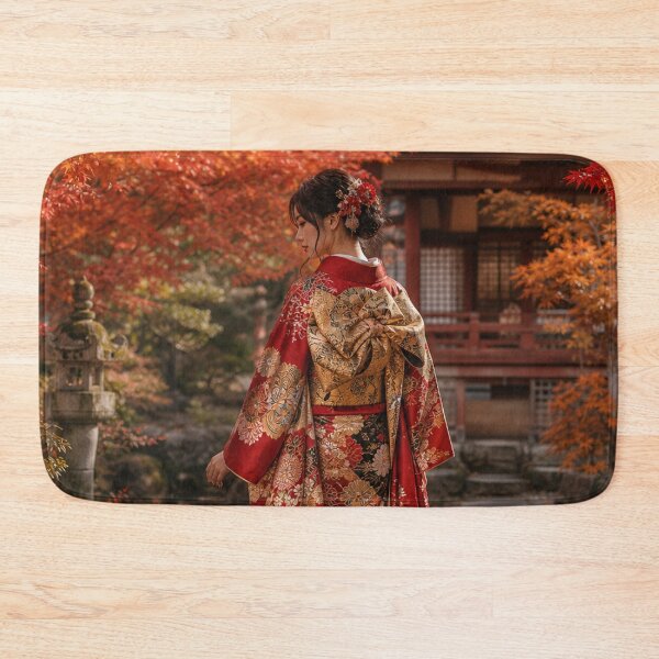 Item preview, Japanese Woman in Traditional Kimono Autumn Red Leaves Garden Art designed and sold by vekotpu.