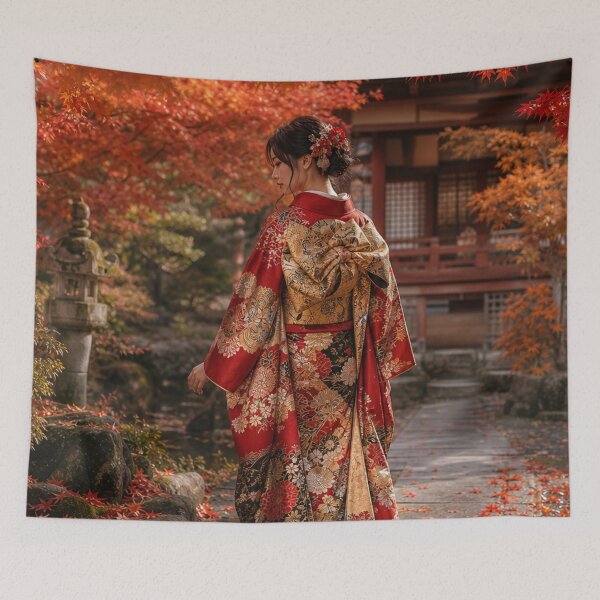 Item preview, Japanese Woman in Traditional Kimono Autumn Red Leaves Garden Art designed and sold by vekotpu.