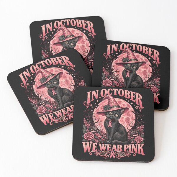 Item preview, In October We Wear Pink Black Cat Witch Breast Cancer Awareness Halloween Art designed and sold by Morbiusshop.