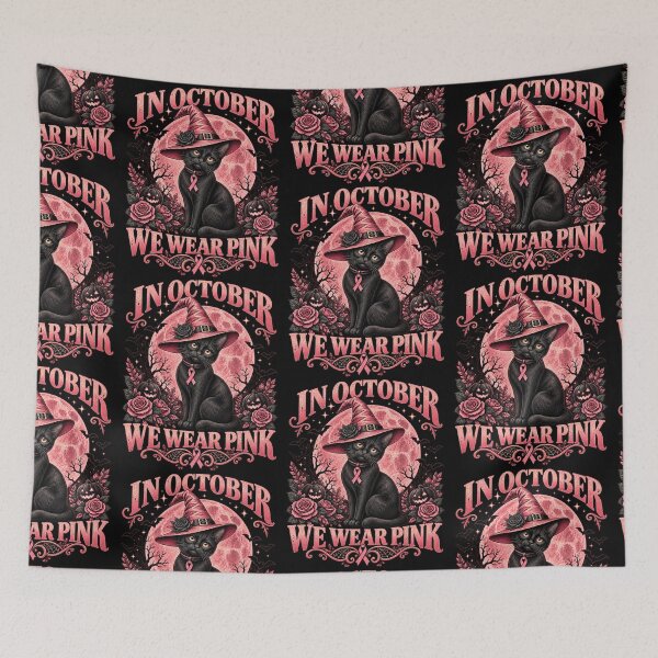 Item preview, In October We Wear Pink Black Cat Witch Breast Cancer Awareness Halloween Art designed and sold by Morbiusshop.