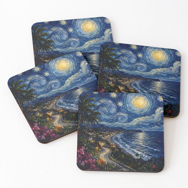 Item preview, Tropical Starry Night Coastal Bay Impressionist Art designed and sold by GutyzDesignsES.