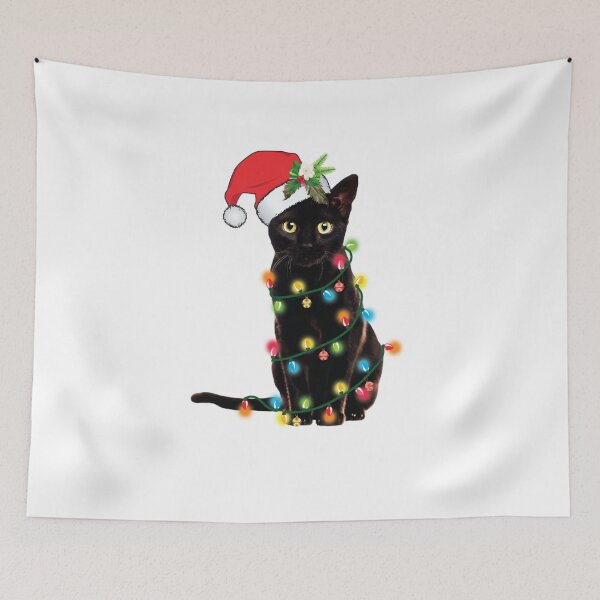 Item preview, Black Cat Christmas Lights Santa Hat Holiday designed and sold by Aniverlia.
